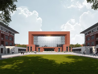 Red Brick School Building With Central Glass Facade Flanked By Wings And Green Lawn Area 3d model