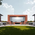Red Brick School Building With Central Glass Facade Flanked By Wings And Green Lawn Area