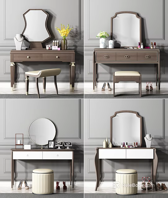 Elegant Modern Dressing Table With Wooden Frame Mirror Stool And Cosmetics 3d model