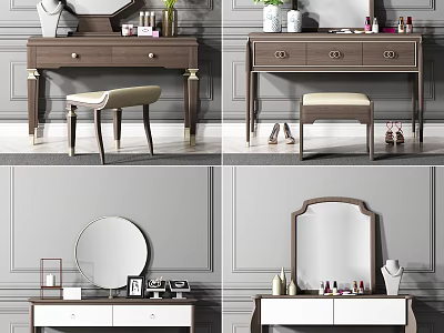 Elegant Modern Dressing Table With Wooden Frame Mirror Stool And Cosmetics 3d model