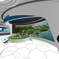 Modern Exhibition Hall Interior With Curved Design Large Screen And Natural Landscape 3d model