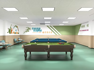 Indoor Sports Fitness Recreation Room With Billiard Table And Exercise Murals 3d model