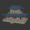 Cartoon Scene Featuring Two Story Chinese Style Building Blue Roof Red Frame Railings Steps