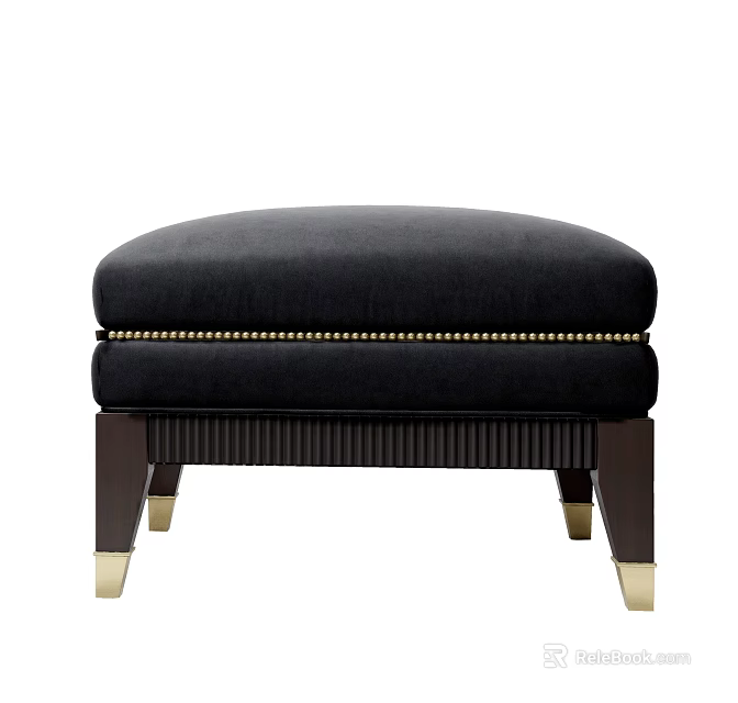 Black Ottoman With Gold Nailhead Trim Dark Wood Legs And Gold Feet 3d model 