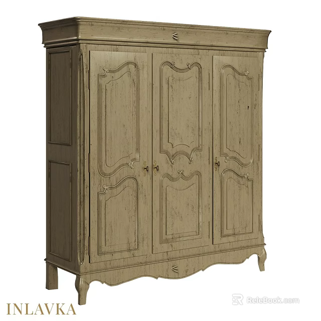 Vintage Light Wood Cabinet With Carved Doors And Bottom Drawer Design 3d model 