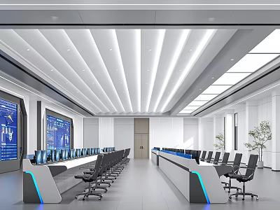 Modern Monitoring Room Interior With Multiple Monitors Control Desks And Office Chairs 3d model