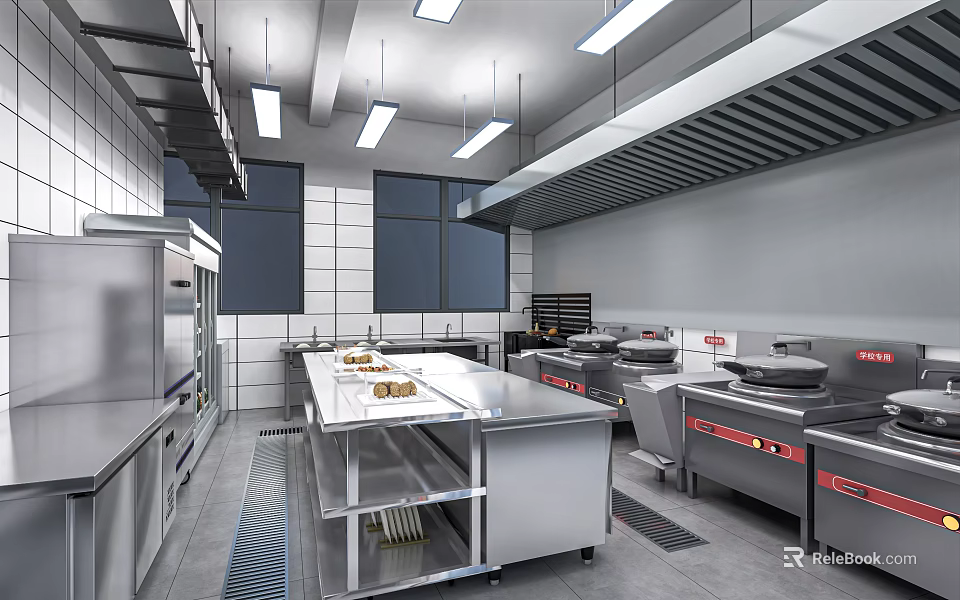 Stainless Steel Kitchenware For Commercial Use Including Worktables Stoves And Ovens 3d model 