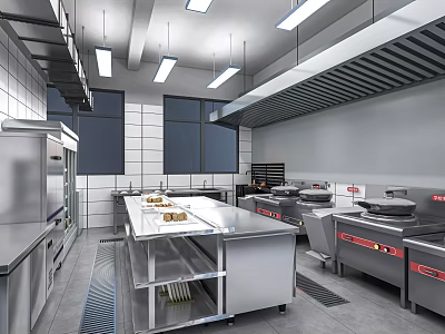 Stainless Steel Kitchenware For Commercial Use Including Worktables Stoves And Ovens 3d model