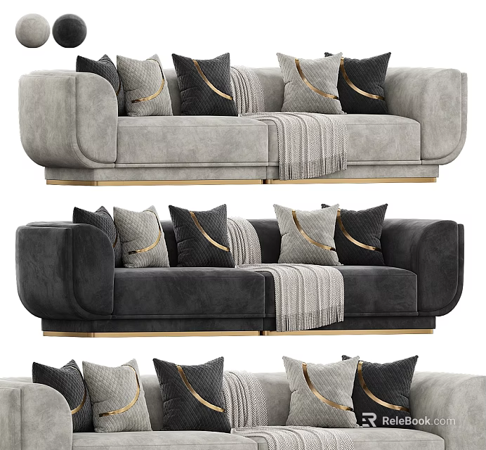 Modern Luxury Two-seater Sofa In Gray And Black With Pillows Gold Accents And Throw Blanket 3d model 