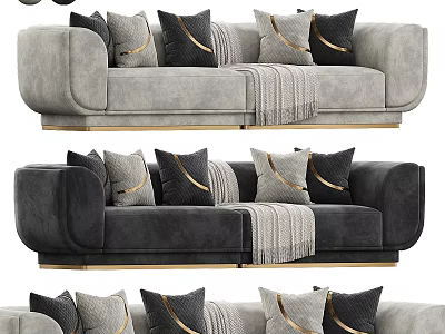 Modern Luxury Two-seater Sofa In Gray And Black With Pillows Gold Accents And Throw Blanket 3d model