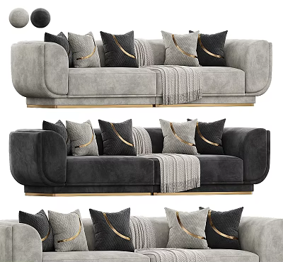 Modern Luxury Two-seater Sofa In Gray And Black With Pillows Gold Accents And Throw Blanket 3d model