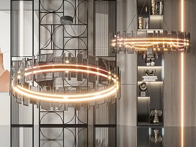 Modern Circular LED Chandelier With Glowing Rings In Interior With Geometric Screen And Shelves 3d model
