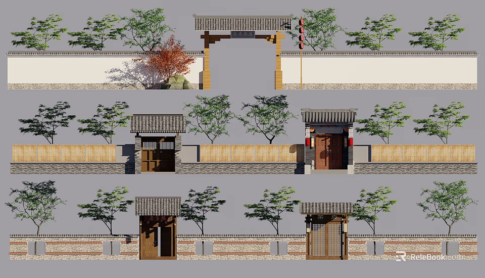 Traditional Chinese Entrance Gate Design With Tiled Roof Wooden Door Stone Walls And Surrounding Trees 3d model 
