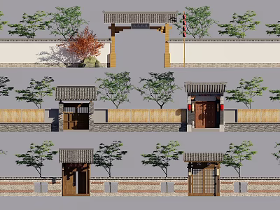 Traditional Chinese Entrance Gate Design With Tiled Roof Wooden Door Stone Walls And Surrounding Trees 3d model