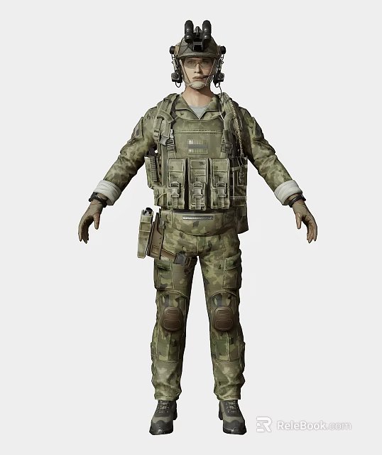 Game and Movie Character in Camouflage Military Uniform With Tactical Vest Knee Pads and Gear 3d model 