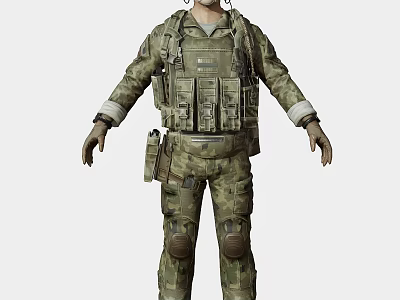 Game and Movie Character in Camouflage Military Uniform With Tactical Vest Knee Pads and Gear 3d model
