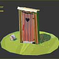 Cartoon Scene With Red Door Black Heart Snow On Top White Sheep On Green Grass