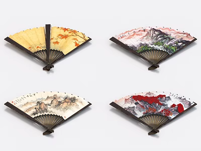 Traditional Chinese Folding Fans Featuring Bamboo Frame And Landscape Flower Art 3d model