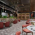 Modern Restaurant Interior With Red Seats Marble Flooring And Green Plants