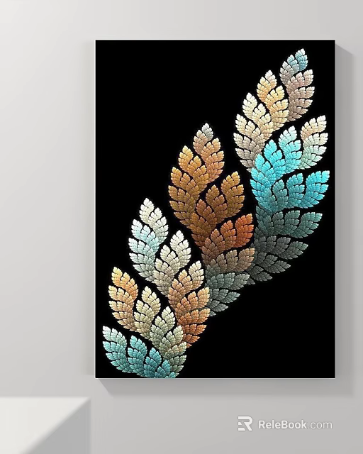 Artistic Botanical Painting With Gold Blue Green Leaf Design On Black Background 3d model 