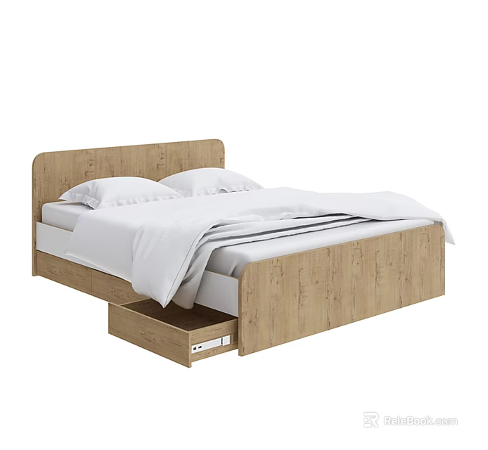 Modern Wooden Double Bed With White Sheets And Pillows Featuring Underbed Storage Drawer 3d model