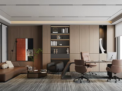 Modern Office Interior With Brown Sofa Bookshelf Wooden Desk Office Chairs And Potted Plant 3d model