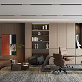 Modern Office Interior With Brown Sofa Bookshelf Wooden Desk Office Chairs And Potted Plant
