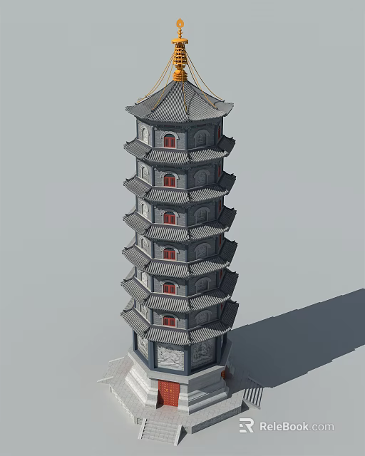 Traditional Multi Story Gray Pagoda with Red Windows and Curved Eaves Design 3d model 