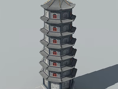 Traditional Multi Story Gray Pagoda with Red Windows and Curved Eaves Design 3d model