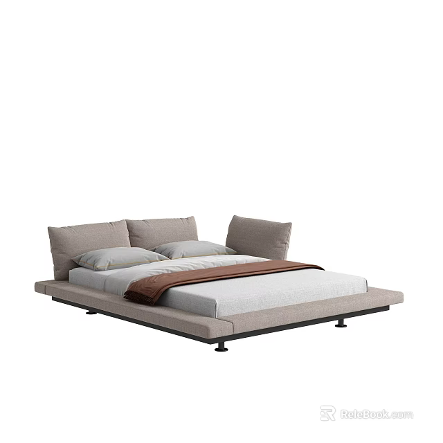 Modern Double Bed Design with Sleek Frame Gray Pillows and Brown Blanket 3d model 
