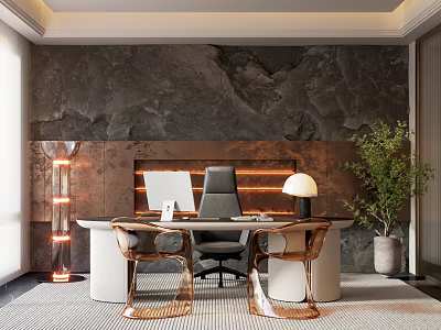 Modern Study Room Interior With Dark Marble Wall Desk Computer Floor Lamp And Green Plant 3d model