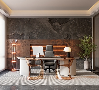 Light Luxury Study Office Desk and Chair Combination Desk Office Chair Green Planting Stone Background Wall Desk Lamp Office Supplies 3d model