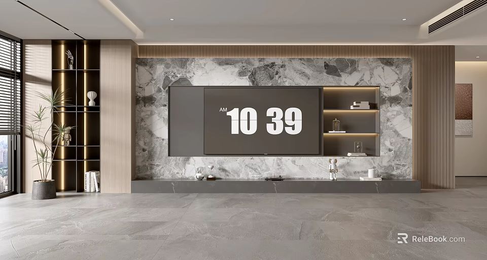 Modern Living Room With Marble Wall TV Screen And Digital Clock 3d model