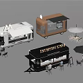 Mobile Food Trucks And Outdoor Seating For Seventh Cafe With Tables And Umbrellas