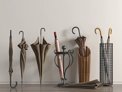 Variety Of Umbrellas Display With Storage Solutions In Minimalist Space 3d model
