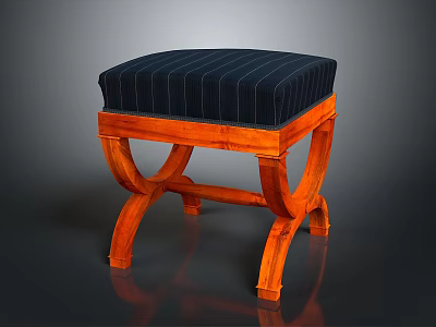 Wooden Stool With Curved Legs And Dark Blue Striped Cushioned Seat 3d model