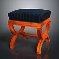 Wooden Stool With Curved Legs And Dark Blue Striped Cushioned Seat
