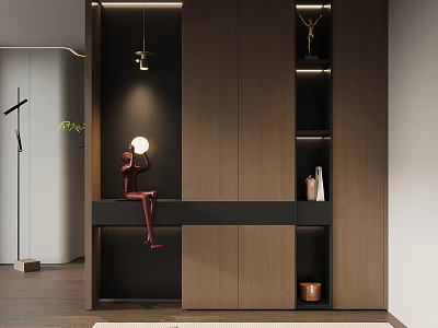 Modern Luxury Entryway With Dark Wood Red Sculpture Floating Countertop And Recessed Lighting 3d model