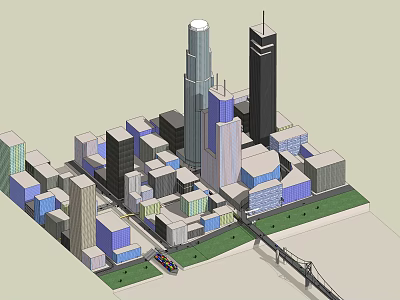 Detailed City Model with Skyscrapers Colorful Buildings Bridge and Small Vehicles 3d model