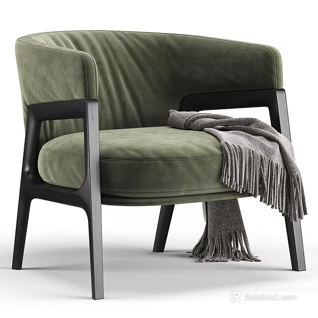 Green Velvet Accent Chair with Black Wooden Armrests and Gray Throw Blanket 3d model 