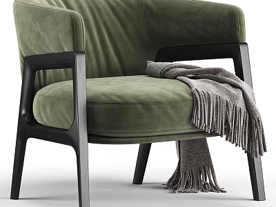 Green Velvet Accent Chair with Black Wooden Armrests and Gray Throw Blanket 3d model