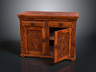 Wooden Entryway Cabinet Sideboard With Carved Details And Open Door Storage Space 3d model