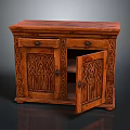 Wooden Entryway Cabinet Sideboard With Carved Details And Open Door Storage Space