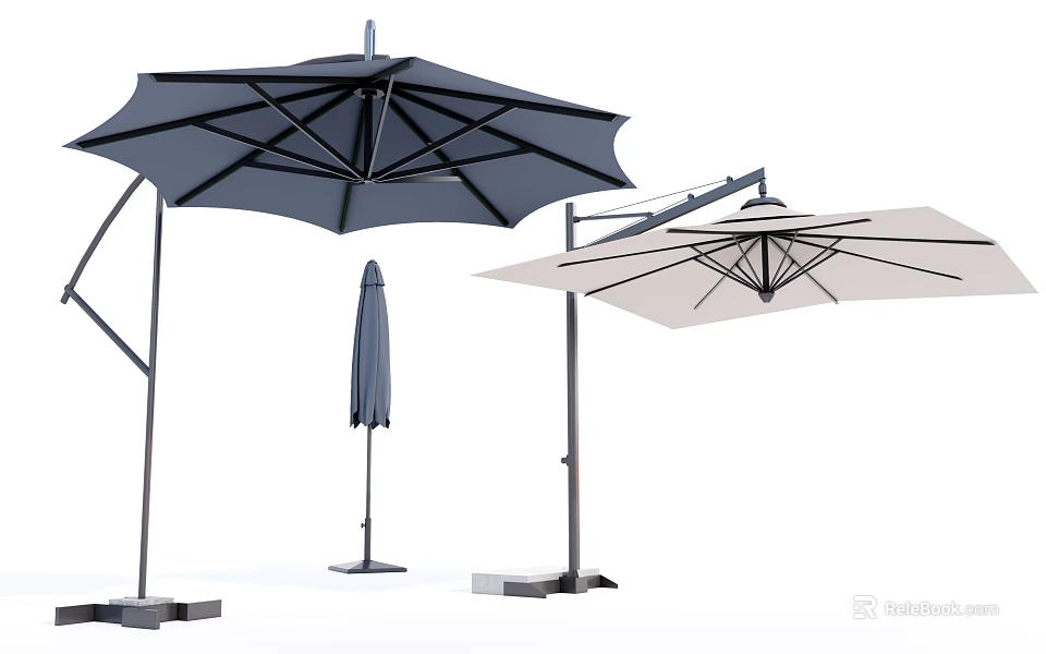 Outdoor Sun Umbrellas With Various Designs Dark And Light Colors Sturdy Stands 3d model 