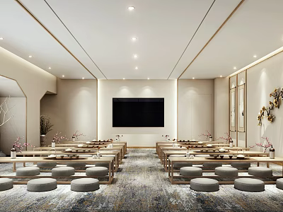 Modern School Multipurpose Hall With Long Tables Round Stools And Large Screen 3d model