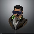 Cyberpunk Character 3D Bust With Blue Goggles Green Neon Tech Implants And Brown Jacket