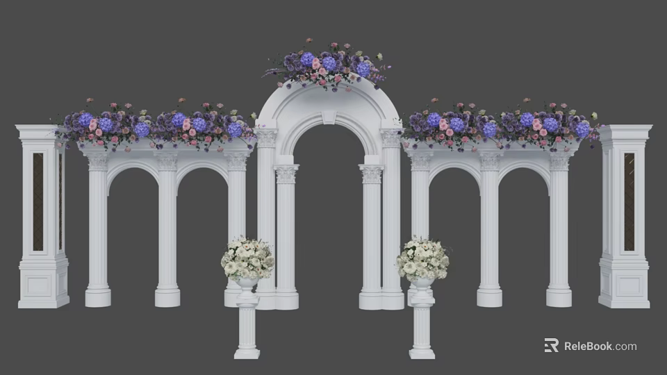 White Wedding Arch With Purple Pink Flower Arrangements And Decorative Pillars 3d model 