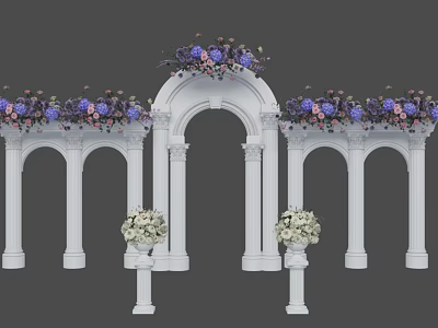White Wedding Arch With Purple Pink Flower Arrangements And Decorative Pillars 3d model