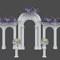 White Wedding Arch With Purple Pink Flower Arrangements And Decorative Pillars