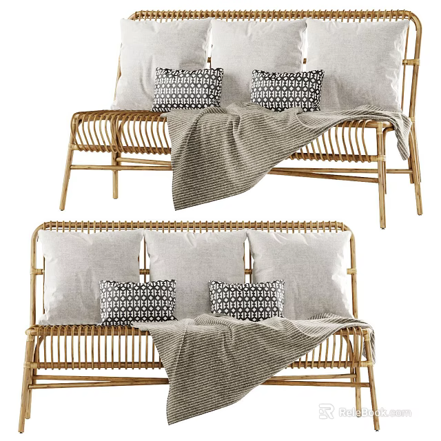 Comfortable Outdoor Wicker Lounge Chair With Soft Cushions And Blanket 3d model 